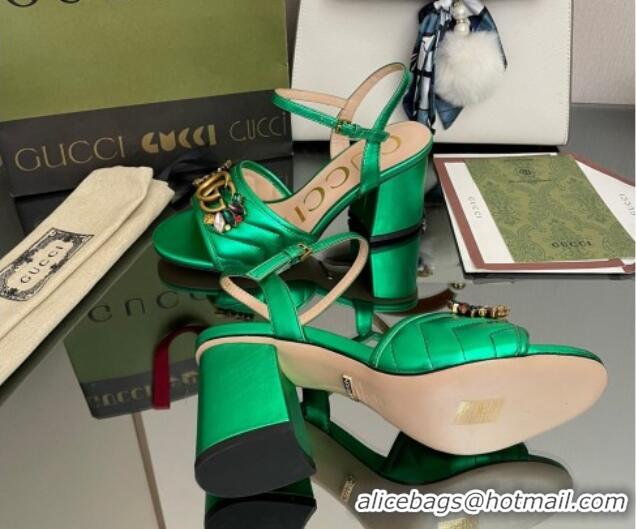 Sumptuous Gucci Metallic Leather Mid-Heel Sandals with Crystal Charm 7.5cm Green 101425