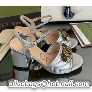 Perfect Gucci Metallic Leather Mid-Heel Sandals with Crystal Charm 7.5cm Silver 101426