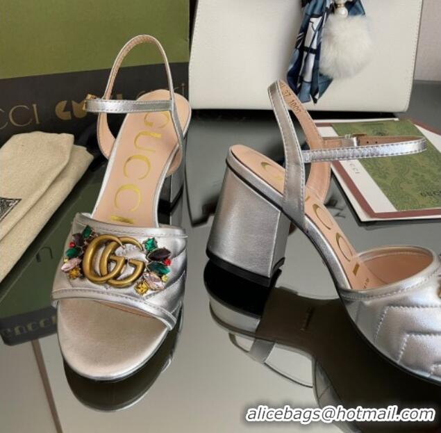 Perfect Gucci Metallic Leather Mid-Heel Sandals with Crystal Charm 7.5cm Silver 101426