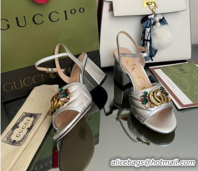 Perfect Gucci Metallic Leather Mid-Heel Sandals with Crystal Charm 7.5cm Silver 101426