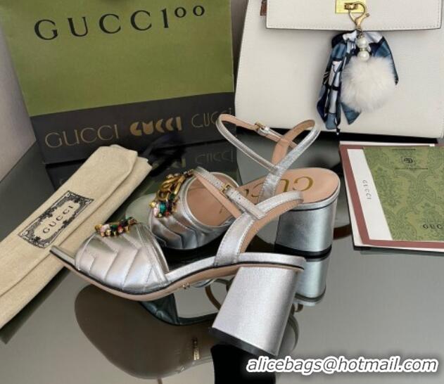 Perfect Gucci Metallic Leather Mid-Heel Sandals with Crystal Charm 7.5cm Silver 101426