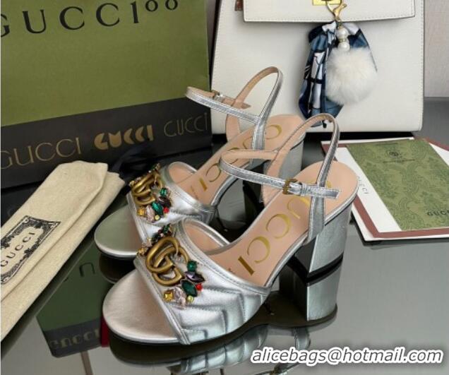 Perfect Gucci Metallic Leather Mid-Heel Sandals with Crystal Charm 7.5cm Silver 101426