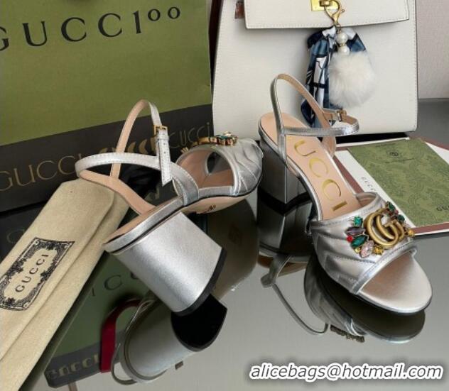 Perfect Gucci Metallic Leather Mid-Heel Sandals with Crystal Charm 7.5cm Silver 101426