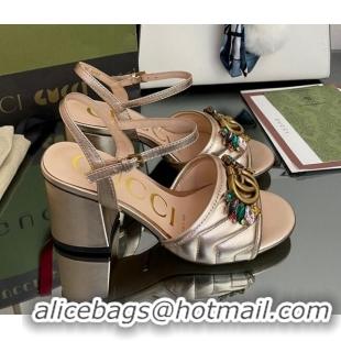 Good Quality Gucci Metallic Leather Mid-Heel Sandals with Crystal Charm 7.5cm Gold 101427