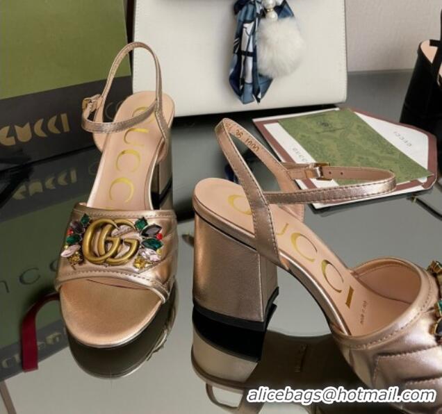 Good Quality Gucci Metallic Leather Mid-Heel Sandals with Crystal Charm 7.5cm Gold 101427