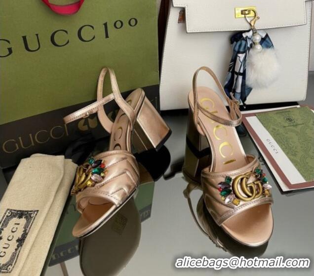 Good Quality Gucci Metallic Leather Mid-Heel Sandals with Crystal Charm 7.5cm Gold 101427