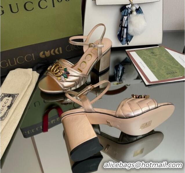 Good Quality Gucci Metallic Leather Mid-Heel Sandals with Crystal Charm 7.5cm Gold 101427