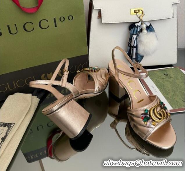 Good Quality Gucci Metallic Leather Mid-Heel Sandals with Crystal Charm 7.5cm Gold 101427