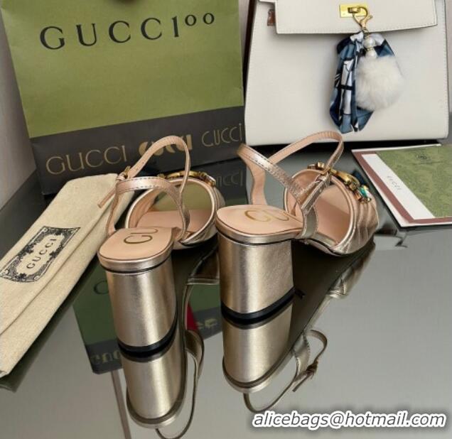 Good Quality Gucci Metallic Leather Mid-Heel Sandals with Crystal Charm 7.5cm Gold 101427