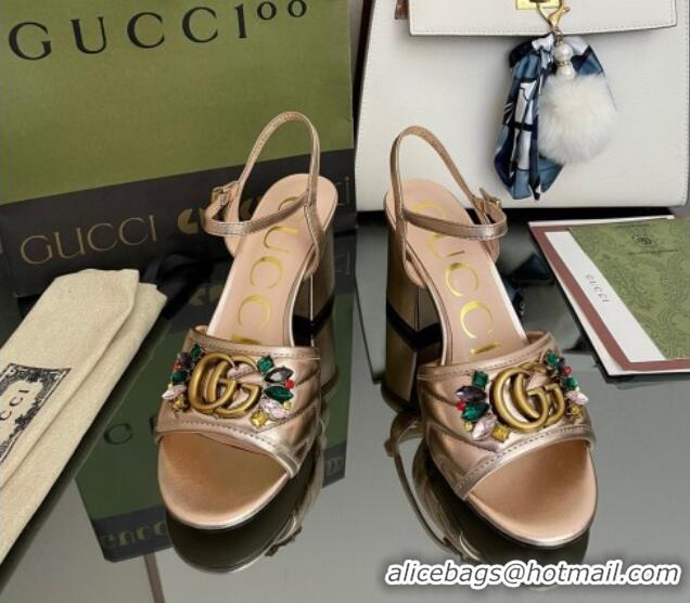 Good Quality Gucci Metallic Leather Mid-Heel Sandals with Crystal Charm 7.5cm Gold 101427