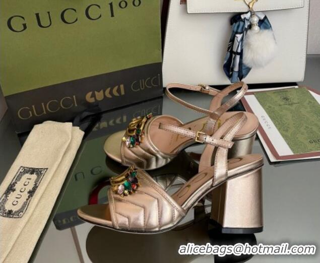 Good Quality Gucci Metallic Leather Mid-Heel Sandals with Crystal Charm 7.5cm Gold 101427