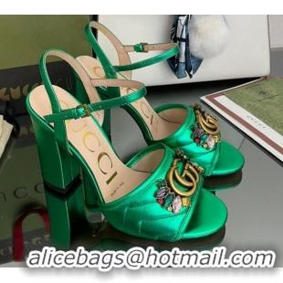 Grade Quality Gucci Metallic Leather High-Heel Sandals with Crystal Charm 10.5cm Green 101429