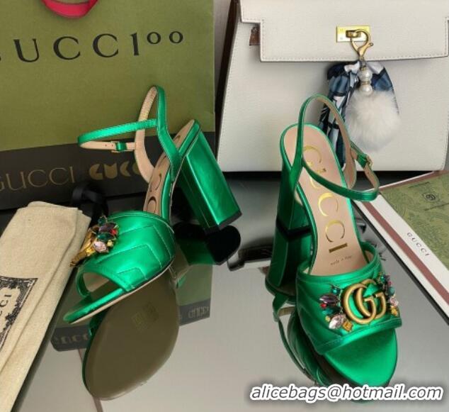 Grade Quality Gucci Metallic Leather High-Heel Sandals with Crystal Charm 10.5cm Green 101429