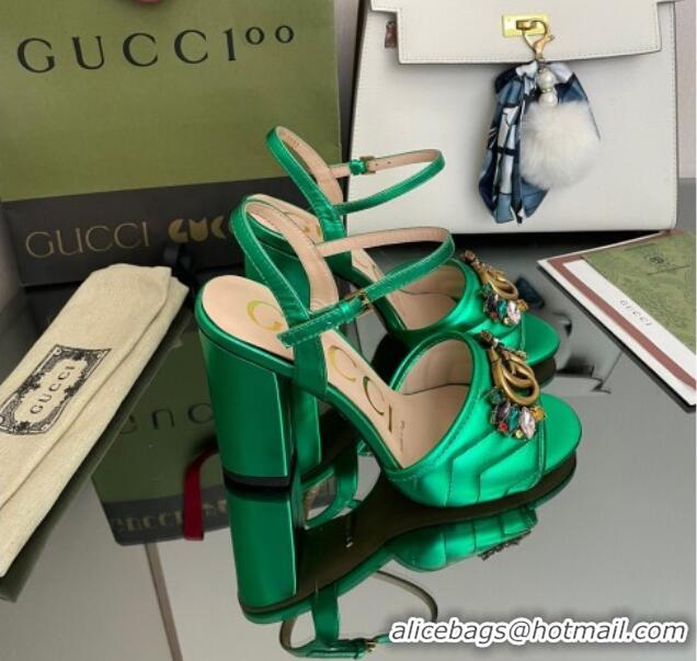 Grade Quality Gucci Metallic Leather High-Heel Sandals with Crystal Charm 10.5cm Green 101429