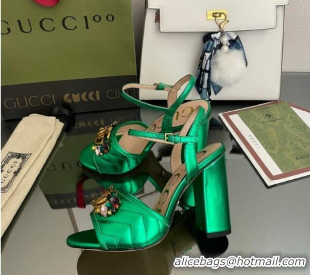 Grade Quality Gucci Metallic Leather High-Heel Sandals with Crystal Charm 10.5cm Green 101429