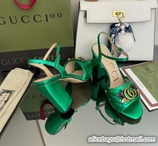 Grade Quality Gucci Metallic Leather High-Heel Sandals with Crystal Charm 10.5cm Green 101429