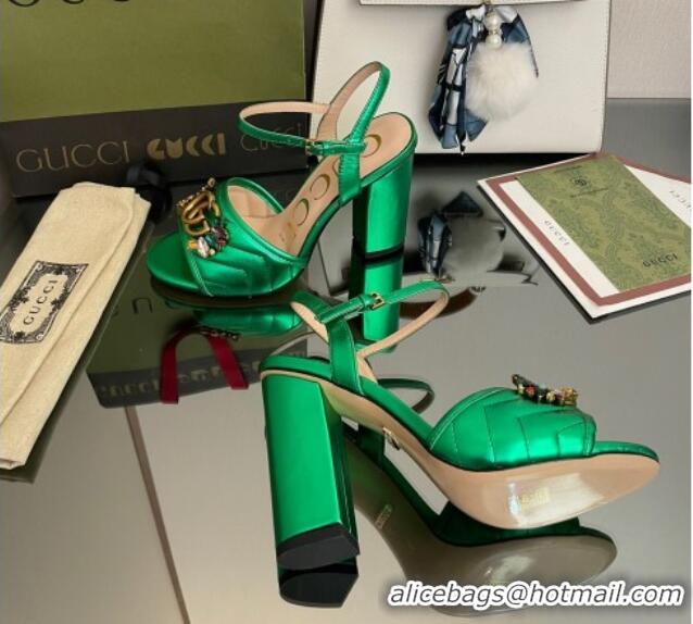 Grade Quality Gucci Metallic Leather High-Heel Sandals with Crystal Charm 10.5cm Green 101429