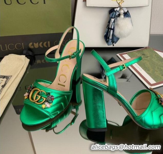 Grade Quality Gucci Metallic Leather High-Heel Sandals with Crystal Charm 10.5cm Green 101429