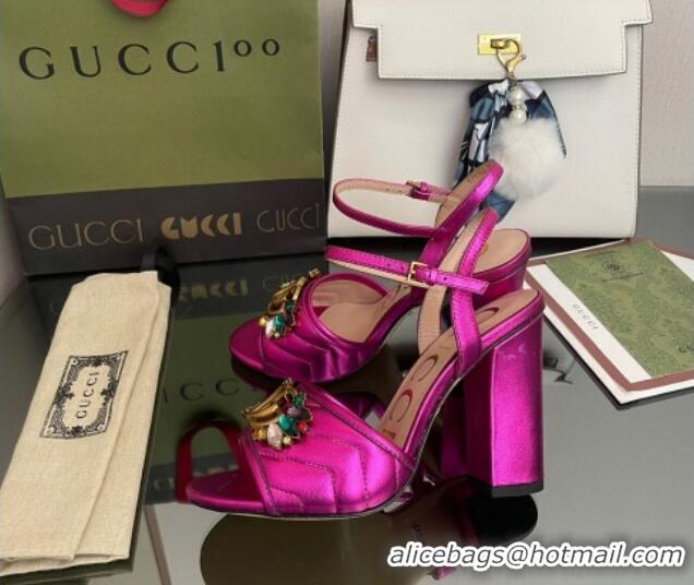 Best Grade Gucci Metallic Leather High-Heel Sandals with Crystal Charm 10.5cm Pink 101430