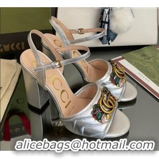 Low Cost Gucci Metallic Leather High-Heel Sandals with Crystal Charm 10.5cm Silver 101431