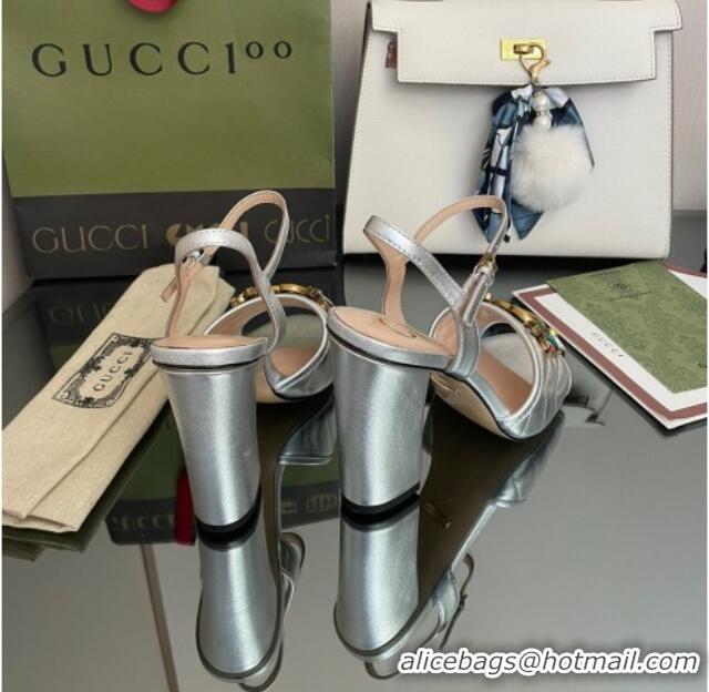 Low Cost Gucci Metallic Leather High-Heel Sandals with Crystal Charm 10.5cm Silver 101431