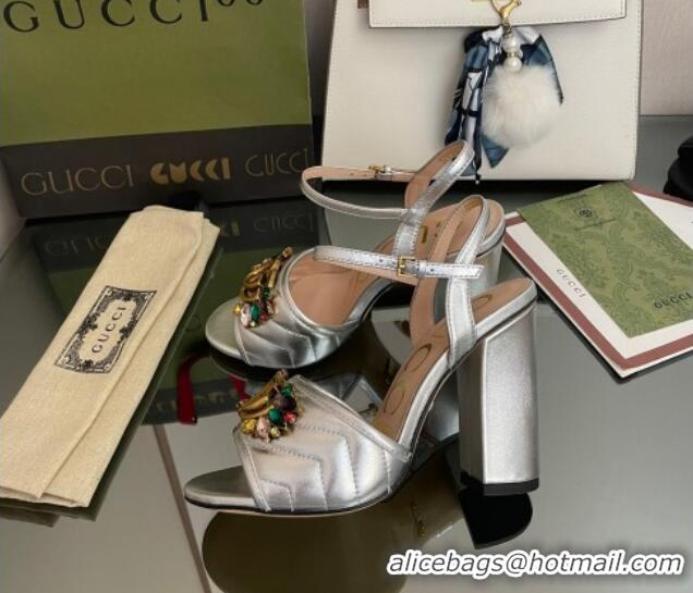 Low Cost Gucci Metallic Leather High-Heel Sandals with Crystal Charm 10.5cm Silver 101431