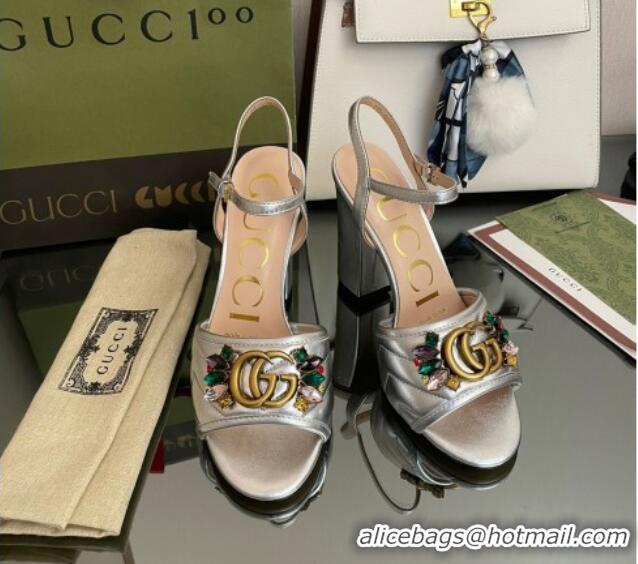 Low Cost Gucci Metallic Leather High-Heel Sandals with Crystal Charm 10.5cm Silver 101431