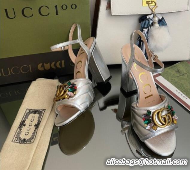 Low Cost Gucci Metallic Leather High-Heel Sandals with Crystal Charm 10.5cm Silver 101431