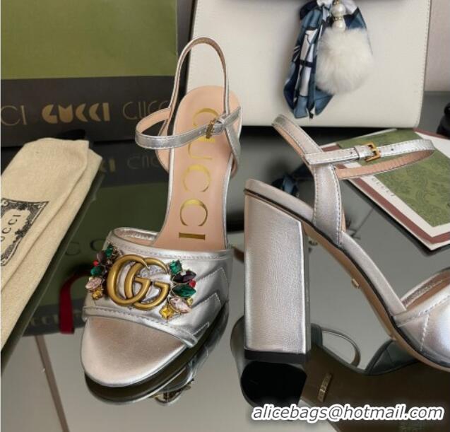 Low Cost Gucci Metallic Leather High-Heel Sandals with Crystal Charm 10.5cm Silver 101431