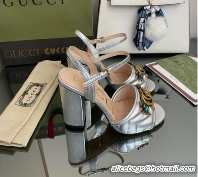 Low Cost Gucci Metallic Leather High-Heel Sandals with Crystal Charm 10.5cm Silver 101431