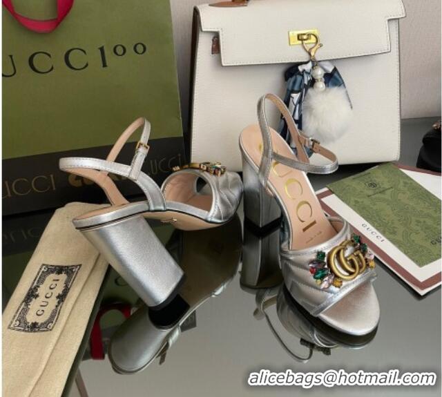 Low Cost Gucci Metallic Leather High-Heel Sandals with Crystal Charm 10.5cm Silver 101431