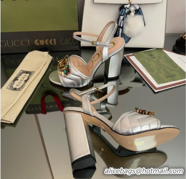 Low Cost Gucci Metallic Leather High-Heel Sandals with Crystal Charm 10.5cm Silver 101431