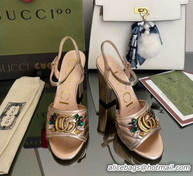 Top Grade Gucci Metallic Leather High-Heel Sandals with Crystal Charm 10.5cm Gold 101432