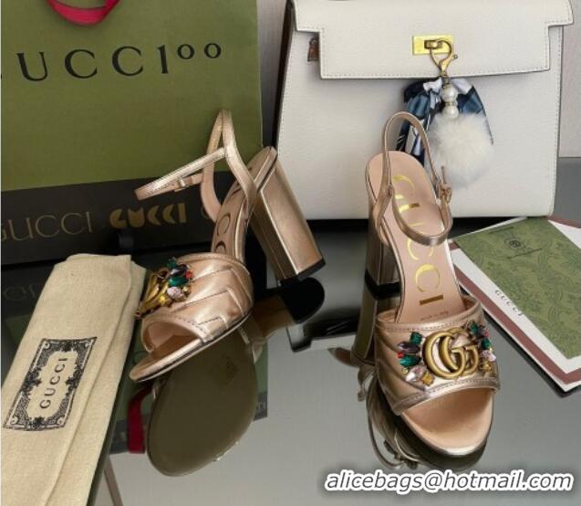 Top Grade Gucci Metallic Leather High-Heel Sandals with Crystal Charm 10.5cm Gold 101432