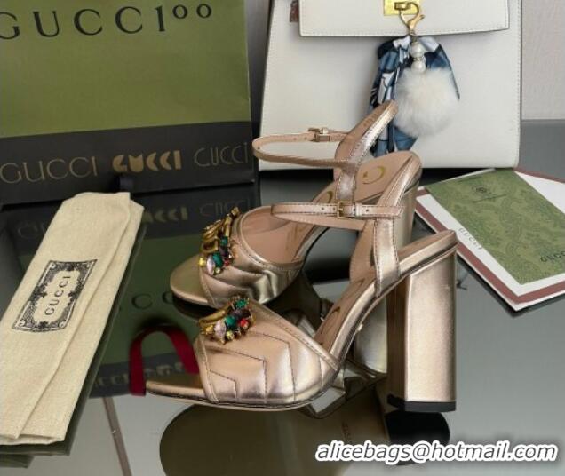 Top Grade Gucci Metallic Leather High-Heel Sandals with Crystal Charm 10.5cm Gold 101432