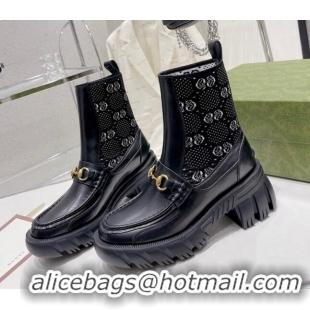 Classic Hot Gucci GG Jersey Ankle Boot with Horsebit Black/White 110193