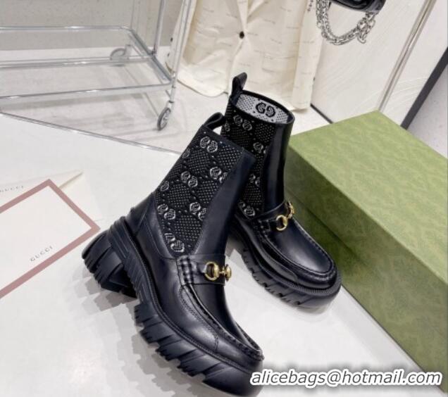 Classic Hot Gucci GG Jersey Ankle Boot with Horsebit Black/White 110193