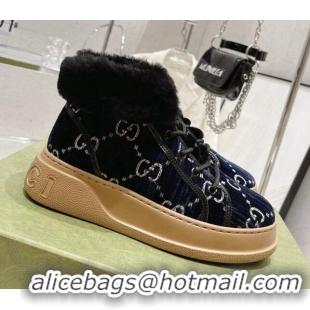 Fashion Gucci GG Velvet and Wool Lace-up Ankle Boots Navy Blue 1101100