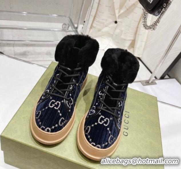 Fashion Gucci GG Velvet and Wool Lace-up Ankle Boots Navy Blue 1101100