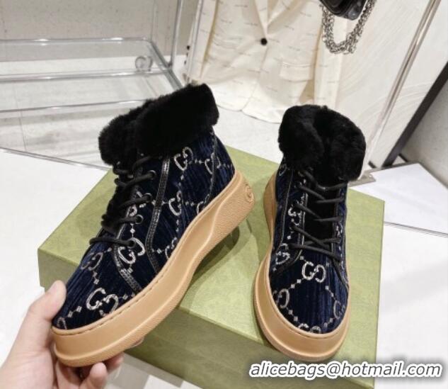 Fashion Gucci GG Velvet and Wool Lace-up Ankle Boots Navy Blue 1101100