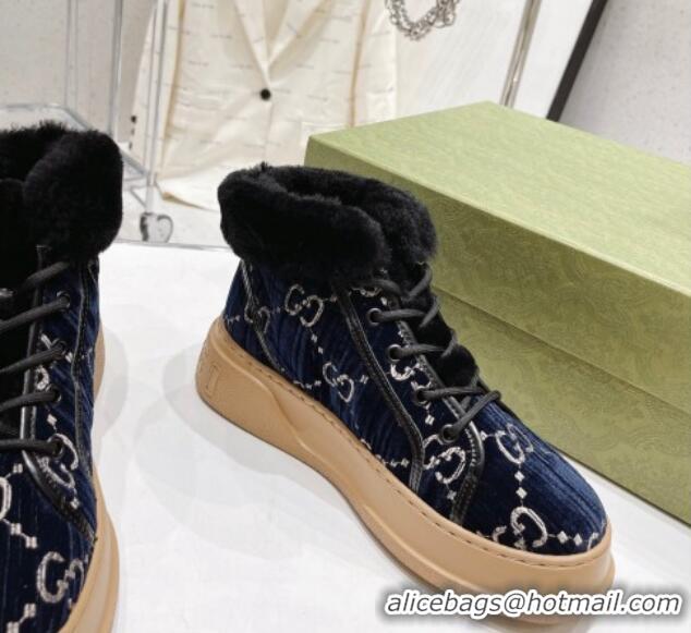 Fashion Gucci GG Velvet and Wool Lace-up Ankle Boots Navy Blue 1101100