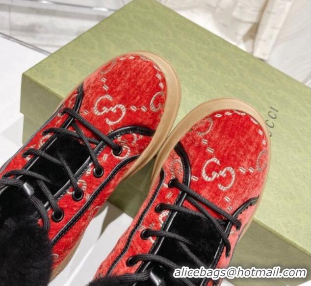 Good Looking Gucci GG Velvet and Wool Lace-up Ankle Boots Red 101101