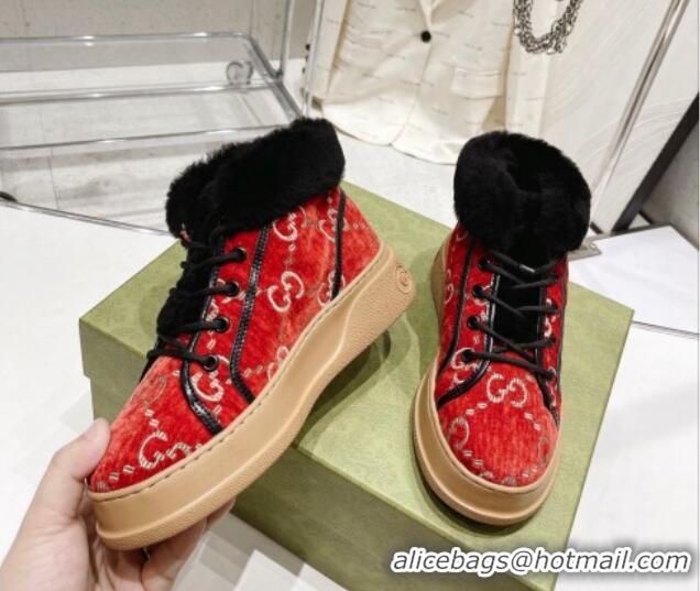 Good Looking Gucci GG Velvet and Wool Lace-up Ankle Boots Red 101101