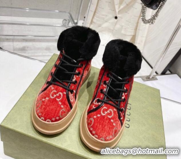 Good Looking Gucci GG Velvet and Wool Lace-up Ankle Boots Red 101101