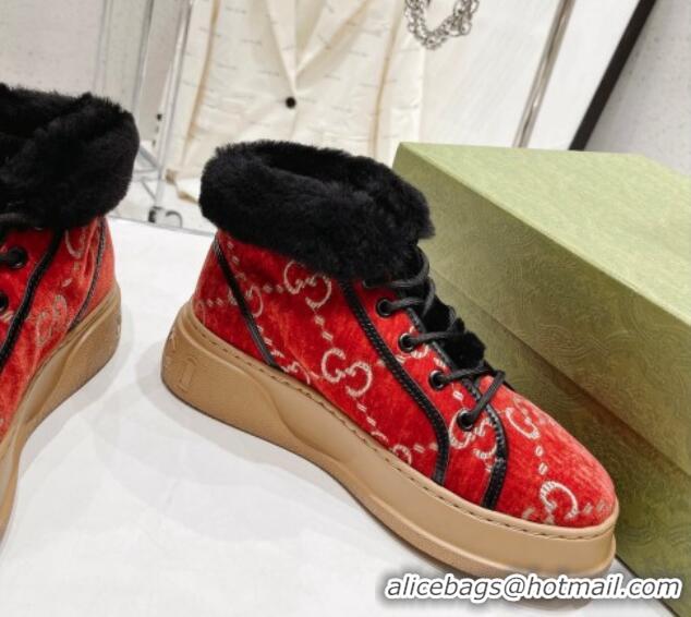 Good Looking Gucci GG Velvet and Wool Lace-up Ankle Boots Red 101101