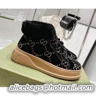 Low Cost Gucci GG Velvet and Wool Lace-up Ankle Boots Black 101102