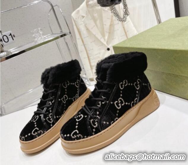 Low Cost Gucci GG Velvet and Wool Lace-up Ankle Boots Black 101102