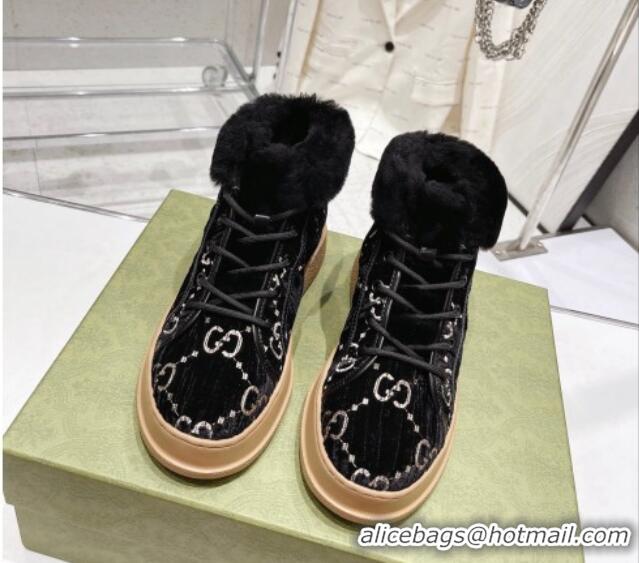 Low Cost Gucci GG Velvet and Wool Lace-up Ankle Boots Black 101102