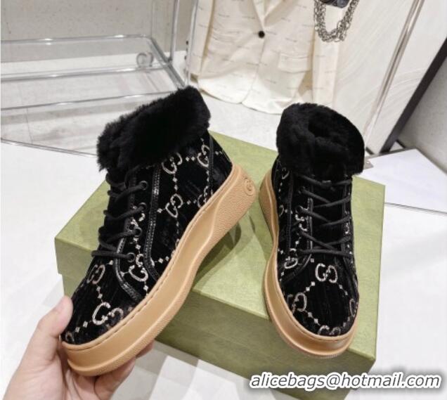 Low Cost Gucci GG Velvet and Wool Lace-up Ankle Boots Black 101102