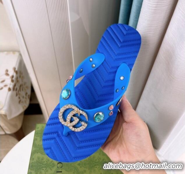 Best Price Gucci Rubber Flat Slide Sandals with Crystal Blue 101104